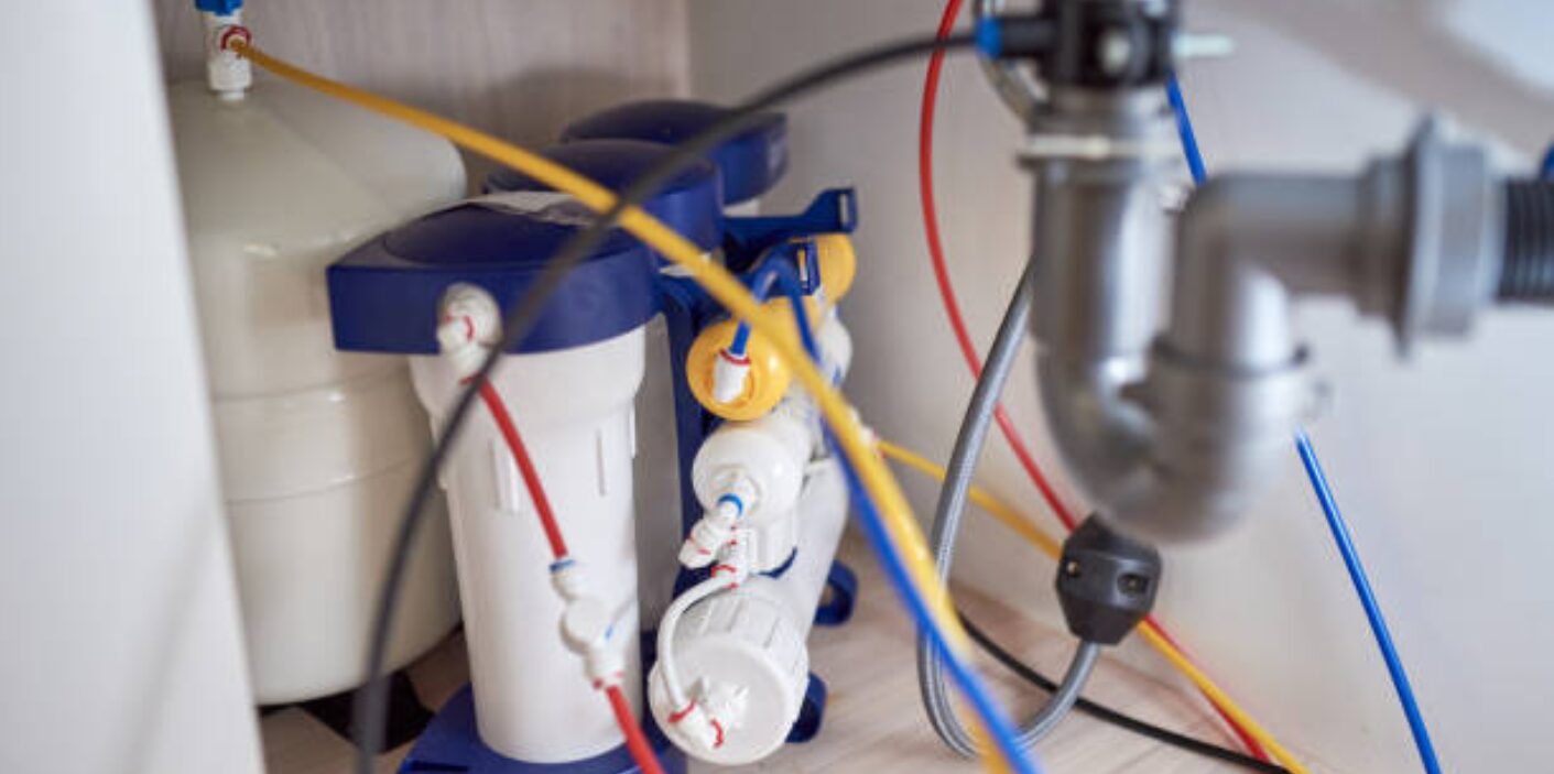 Close-up of water filtration systems under a sink with colorful tubing