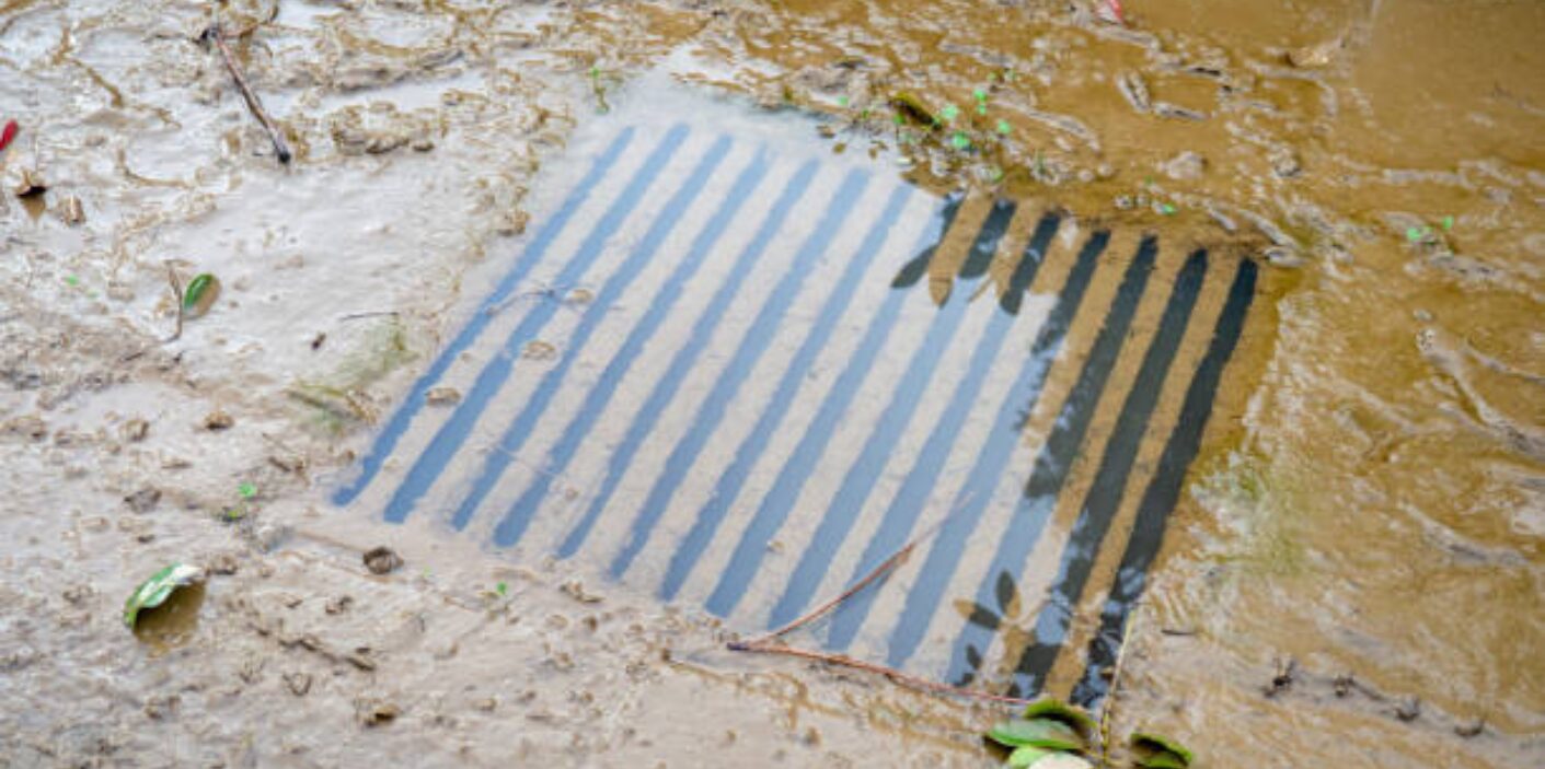 Slow drain clogged with debris and standing water, causing poor drainage